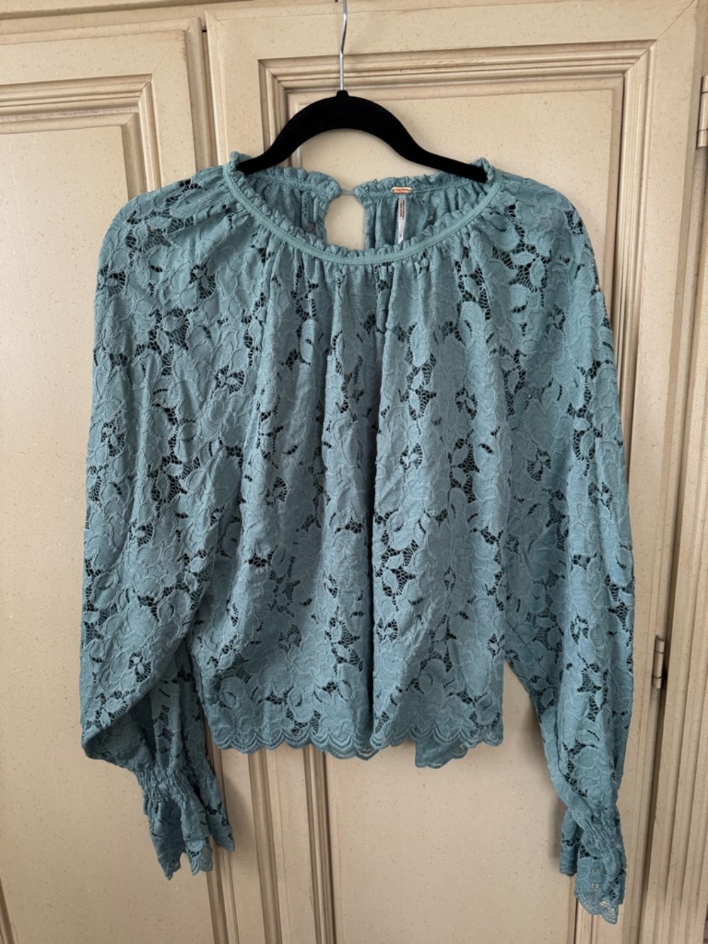 Free People Dusty Blue Floral Lace Peasant Blouse